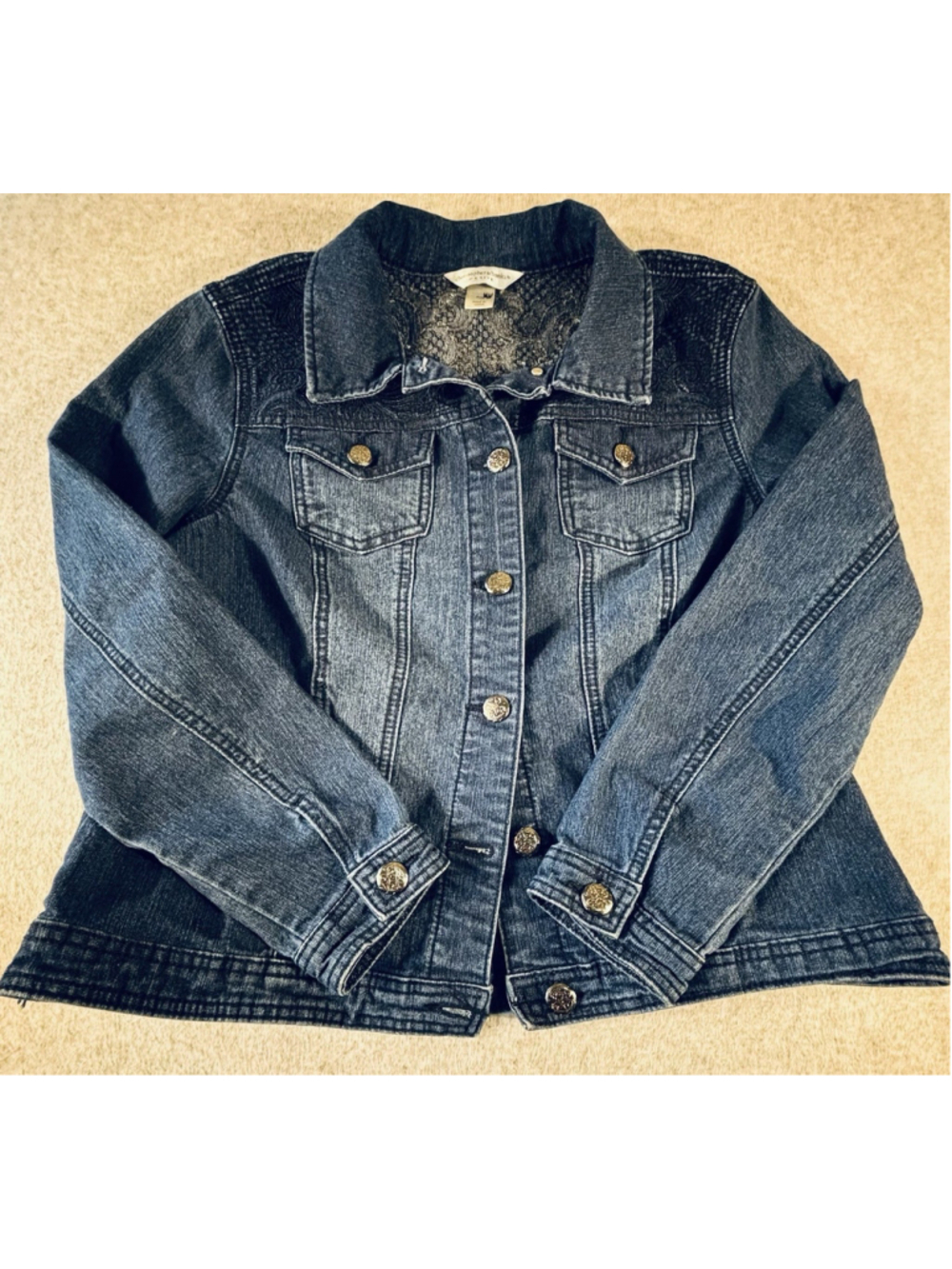 Christopher & Banks Women’s PL Petite Large Denim Jacket Lace Crochet Blue